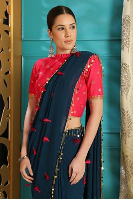 Blue embroidered georgette saree with blouse 2