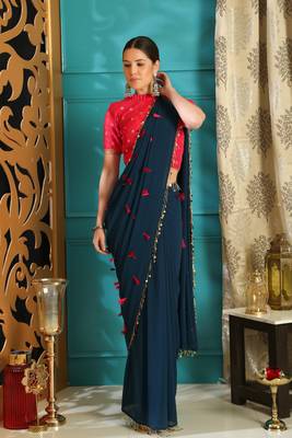 Blue embroidered georgette saree with blouse 3