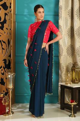 Blue embroidered georgette saree with blouse 4