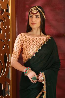 Dark green embroidered georgette saree with blouse 3