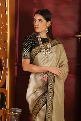 Beige embroidered art silk saree with blouse 2