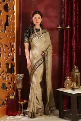 Beige embroidered art silk saree with blouse 1