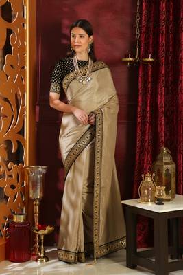 Beige embroidered art silk saree with blouse 3