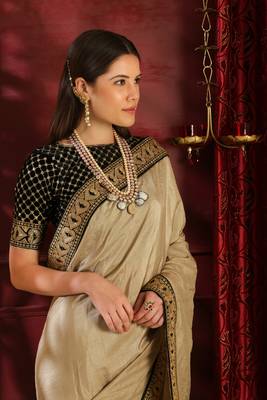 Beige embroidered art silk saree with blouse 4