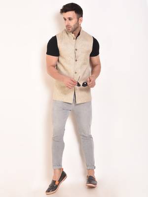 Beige Plain Jute Nehru Jacket 1