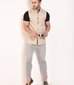 Beige Plain Jute Nehru Jacket