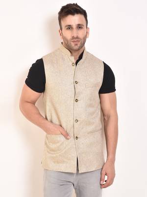Beige Plain Jute Nehru Jacket 2