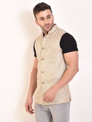 Beige Plain Jute Nehru Jacket 3