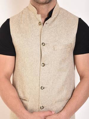 Beige Plain Jute Nehru Jacket 4