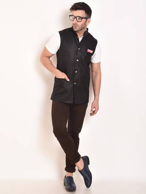 Black Plain Jute Nehru Jacket 1