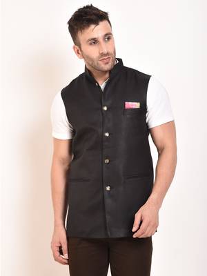 Black Plain Jute Nehru Jacket 3