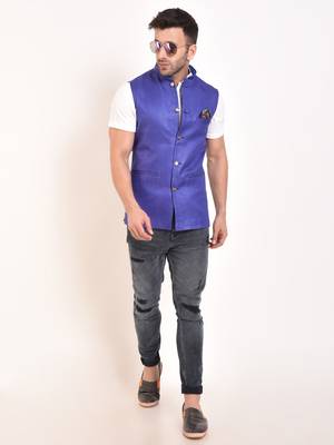 Blue Plain Jute Nehru Jacket 1
