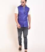 Blue Plain Jute Nehru Jacket