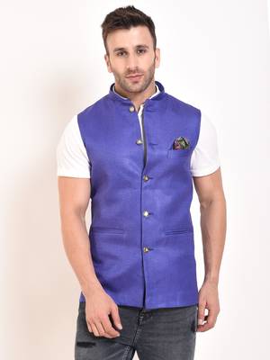 Blue Plain Jute Nehru Jacket 2