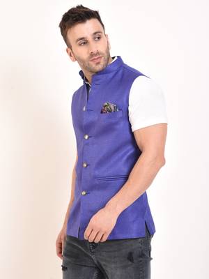 Blue Plain Jute Nehru Jacket 3
