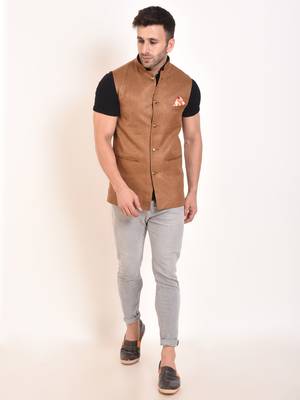 Brown Plain Jute Nehru Jacket 1