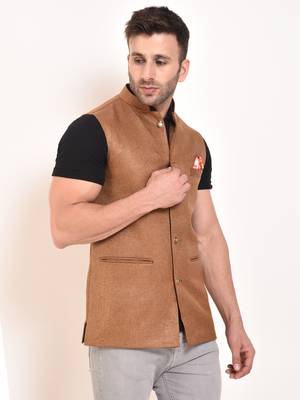 Brown Plain Jute Nehru Jacket 2