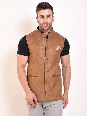 Brown Plain Jute Nehru Jacket 3