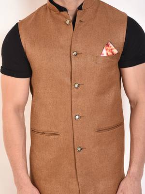 Brown Plain Jute Nehru Jacket 4