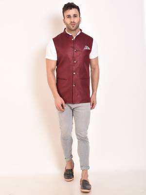 Maroon Plain Jute Nehru Jacket 1