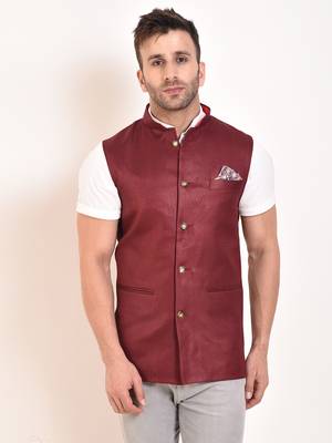 Maroon Plain Jute Nehru Jacket 2