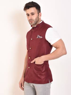Maroon Plain Jute Nehru Jacket 3