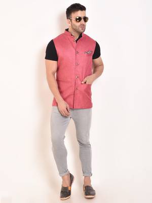 Pink Plain Jute Nehru Jacket 1