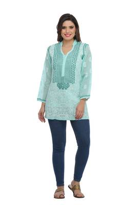 Ada Hand Embroidered Sea Green Cotton Lucknow Chikankari Top 1