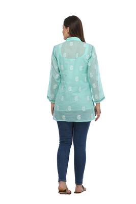 Ada Hand Embroidered Sea Green Cotton Lucknow Chikankari Top 2