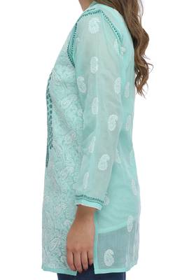 Ada Hand Embroidered Sea Green Cotton Lucknow Chikankari Top 3