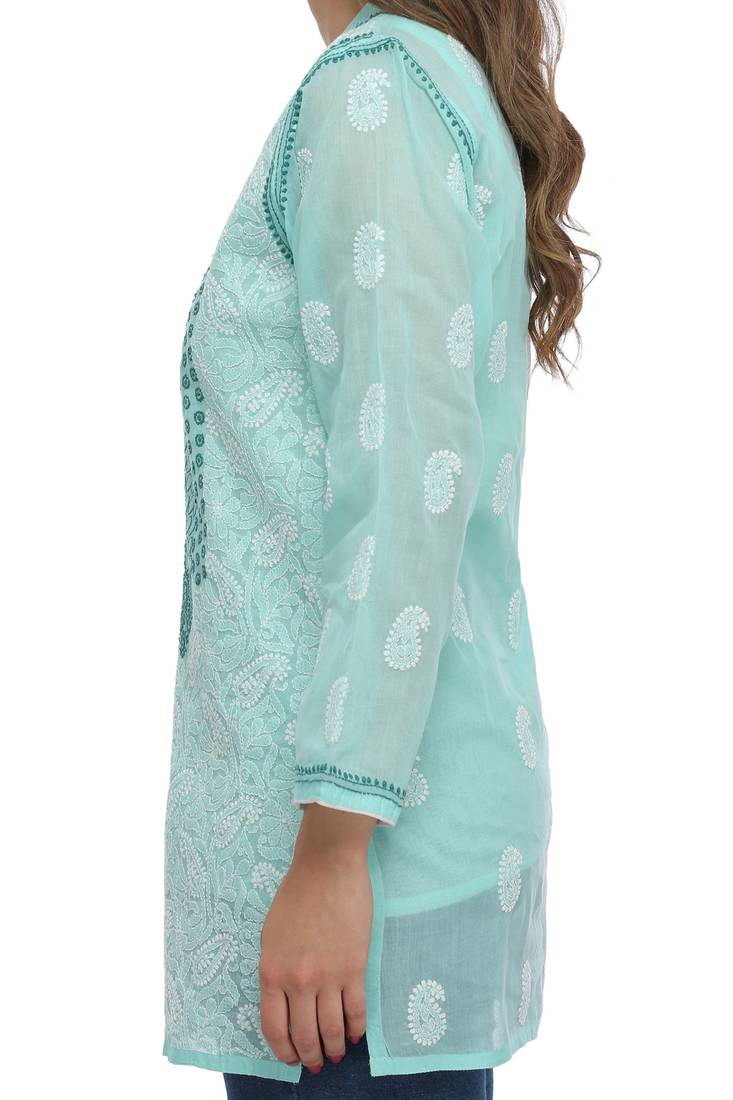 Ada Hand Embroidered Sea Green Cotton Lucknow Chikankari Top