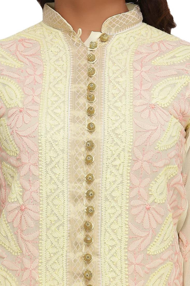 Ada Hand Embroidered White Faux Georgette Lucknow Chikan Top