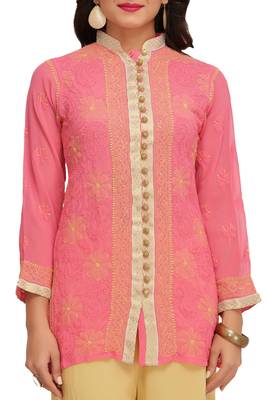 Ada Hand Embroidered Pink Faux Georgette Lucknow Chikan Top 1