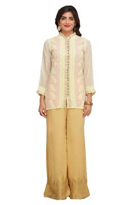 Ada Hand Embroidered Lemon Faux Georgette Lucknow Chikan Top 1