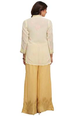 Ada Hand Embroidered Lemon Faux Georgette Lucknow Chikan Top 2