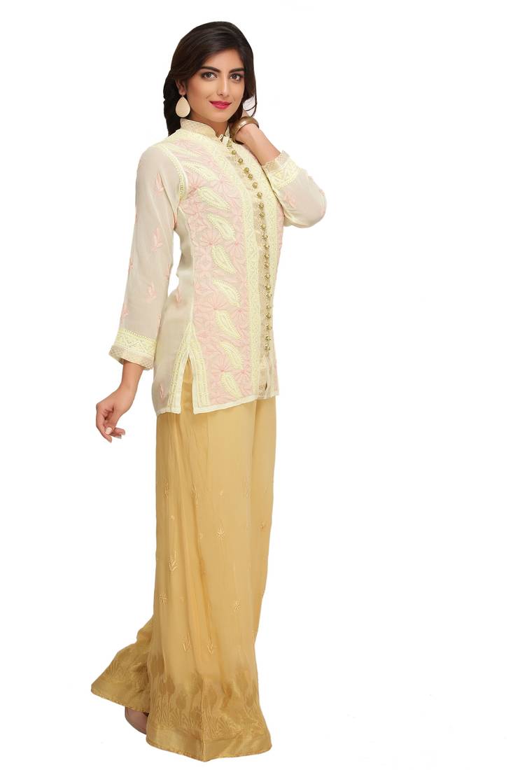 Ada Hand Embroidered Lemon Faux Georgette Lucknow Chikan Top