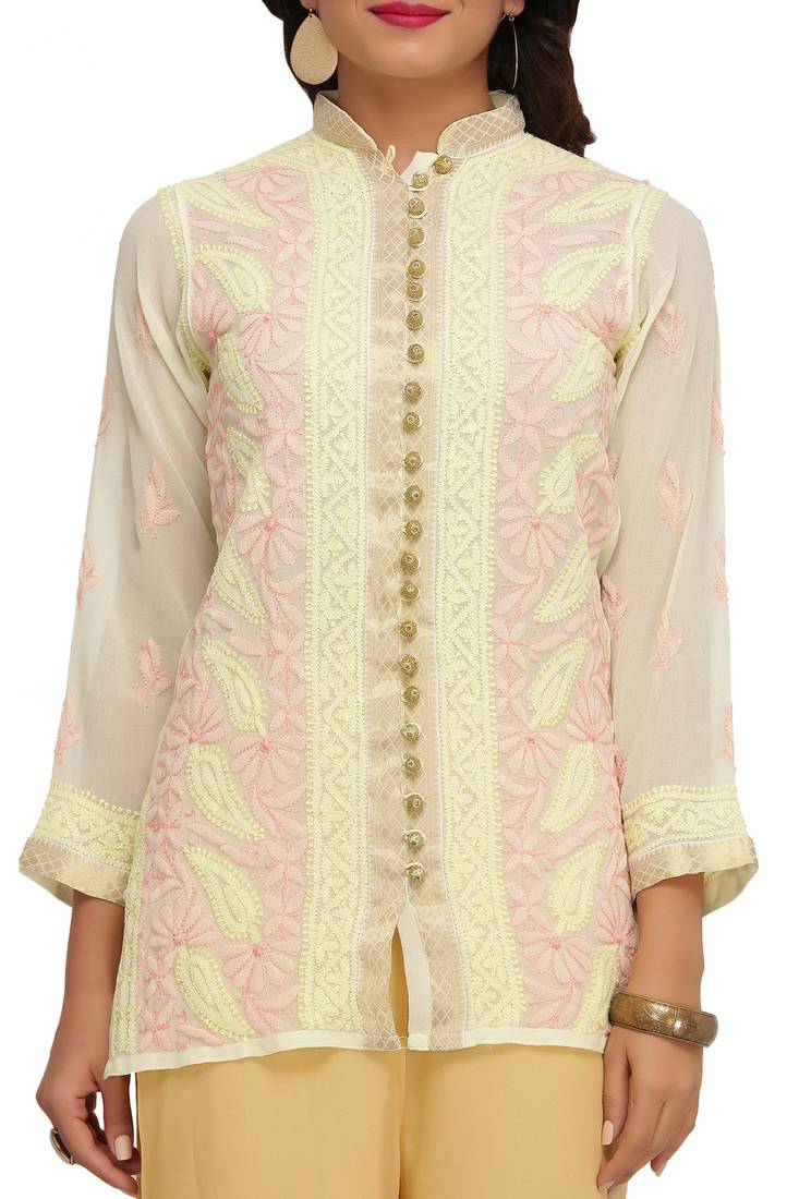 Ada Hand Embroidered Lemon Faux Georgette Lucknow Chikan Top
