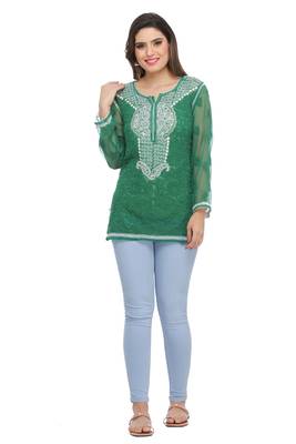 Ada Hand Embroidered Green Faux Georgette Lucknow Chikankari Top 1