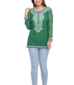 Ada Hand Embroidered Green Faux Georgette Lucknow Chikankari Top