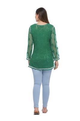 Ada Hand Embroidered Green Faux Georgette Lucknow Chikankari Top 2