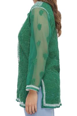 Ada Hand Embroidered Green Faux Georgette Lucknow Chikankari Top 3
