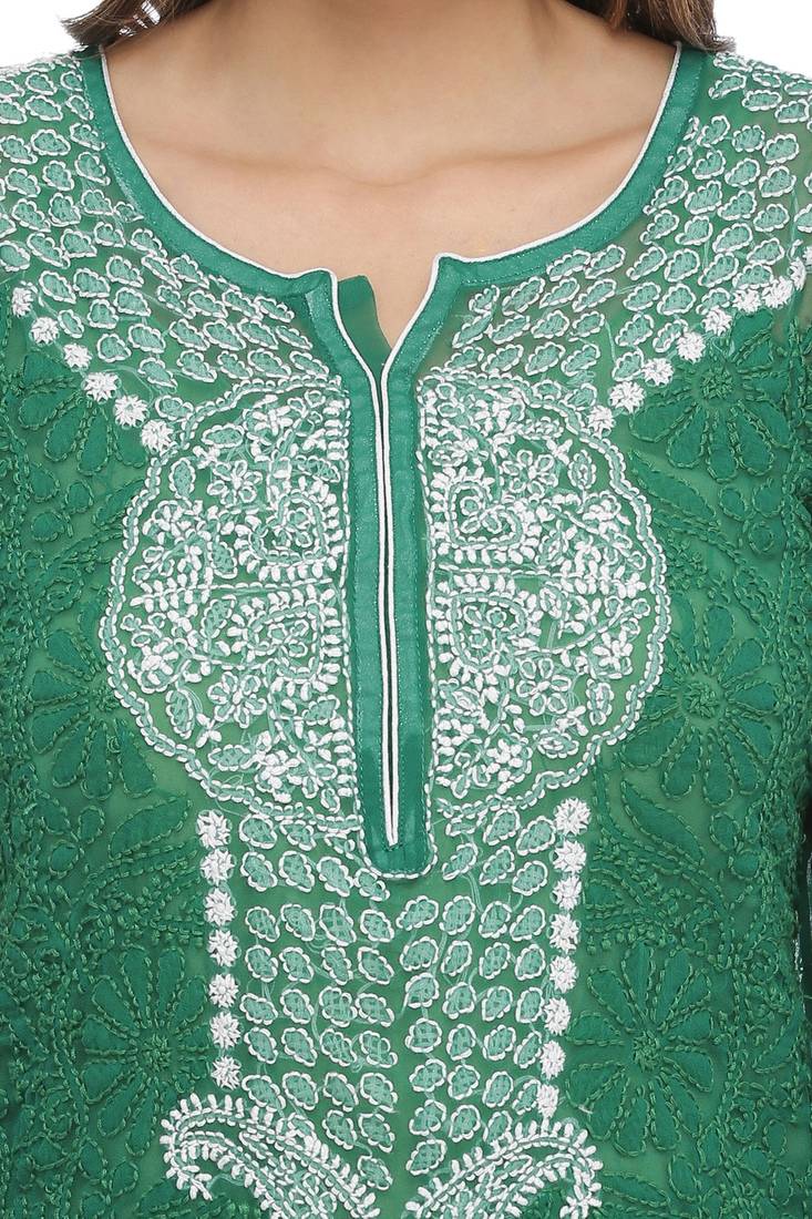 Ada Hand Embroidered Green Faux Georgette Lucknow Chikankari Top