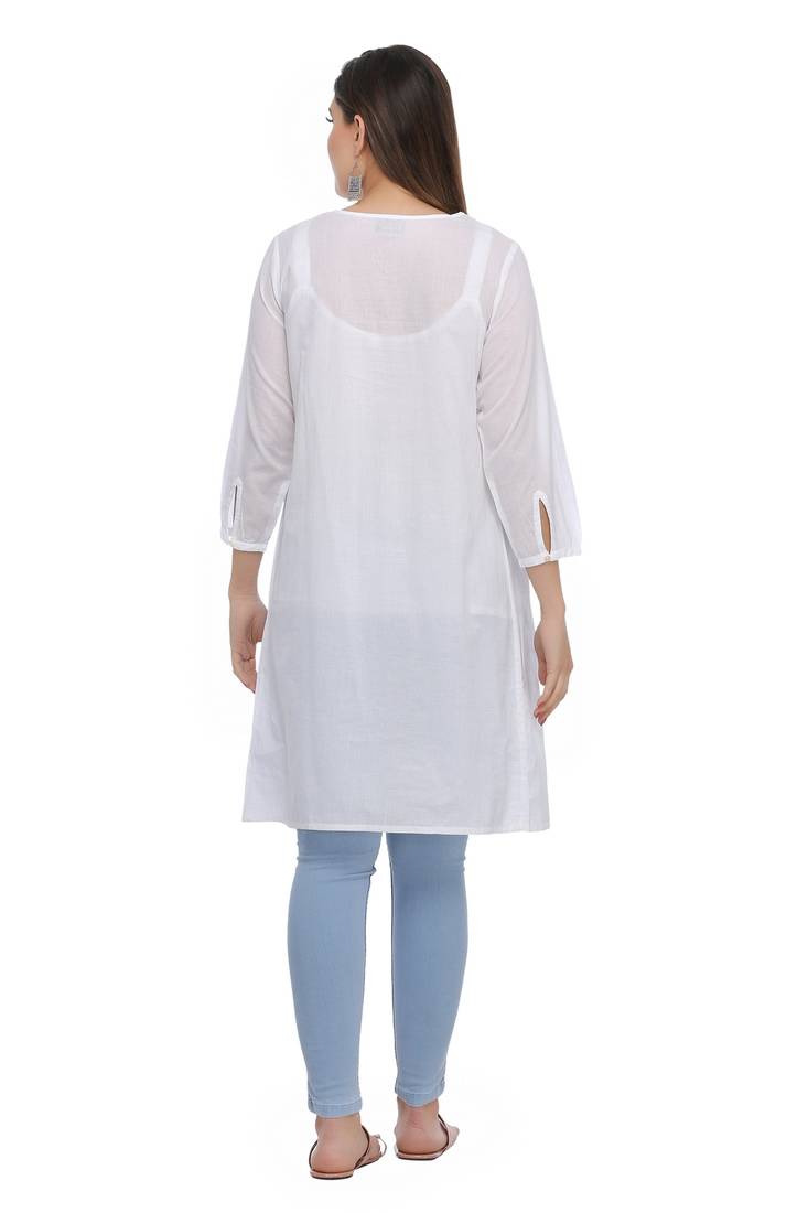 Ada Hand Embroidered White Cotton Lucknow Chikankari Short Kurti