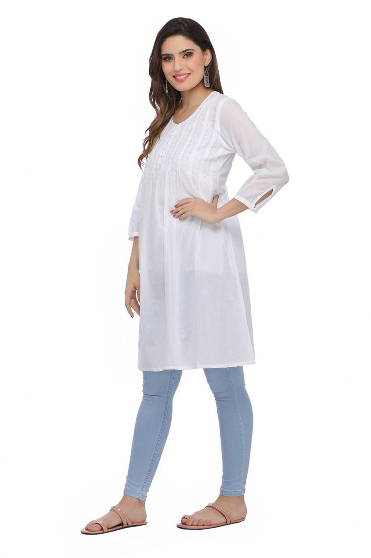 Ada Hand Embroidered White Cotton Lucknow Chikankari Short Kurti