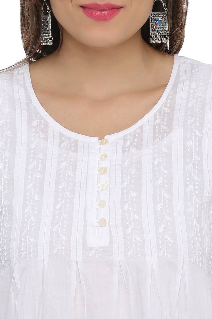 Ada Hand Embroidered White Cotton Lucknow Chikankari Short Kurti