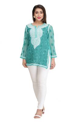 Ada Hand Embroidered Sea Green Faux Georgette Lucknow Chikan Top 1