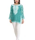 Ada Hand Embroidered Sea Green Faux Georgette Lucknow Chikan Top
