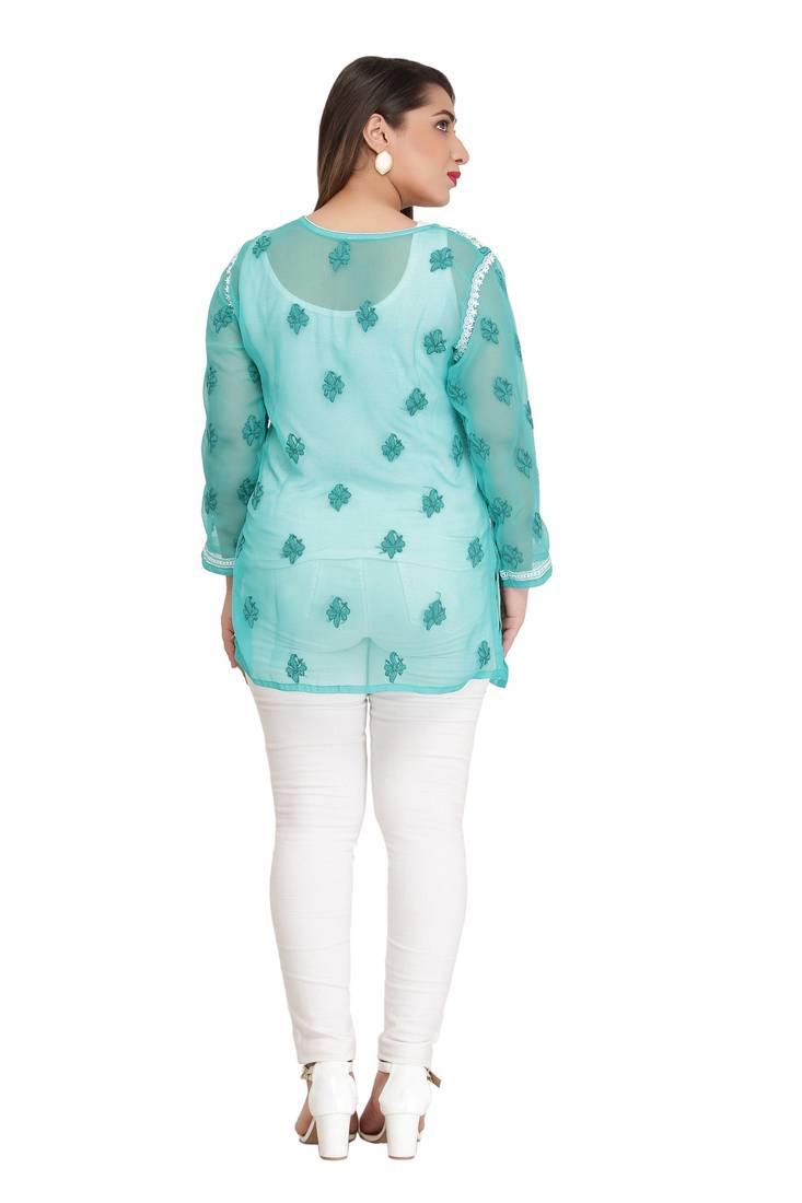 Ada Hand Embroidered Sea Green Faux Georgette Lucknow Chikan Top