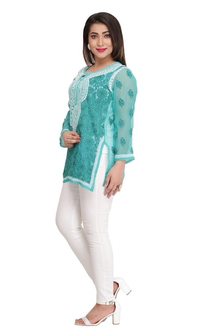 Ada Hand Embroidered Sea Green Faux Georgette Lucknow Chikan Top