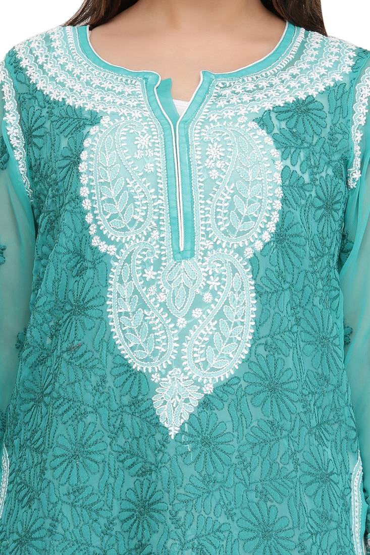 Ada Hand Embroidered Sea Green Faux Georgette Lucknow Chikan Top
